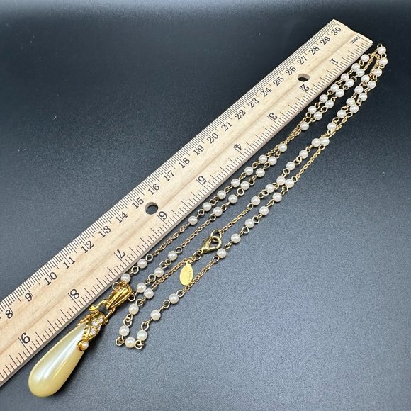 Vintage Nolan Miller Glamour Collection Gold Tone Faux Pearl Teardrop Necklace - Picture 14 of 15
